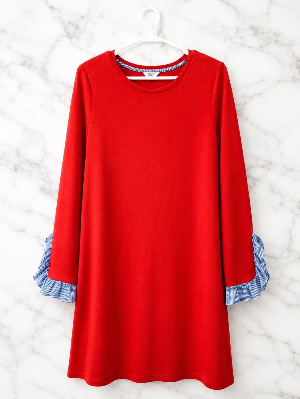crown & ivy Red Long Sleeve Shift Dress with Blue Ruffle Cuffs